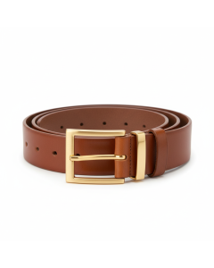 Ceinture en cuir boucle dorée Classique - Cognac