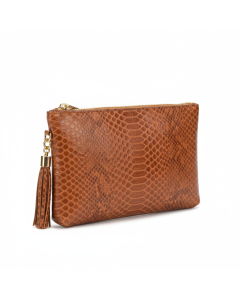 Pochette zippée cuir python embossé Wild - Cognac