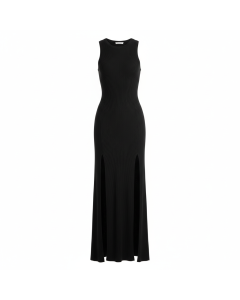 Robe longue côtelée fendue Minimaliste - Noir - XL