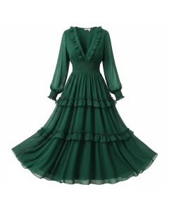 Robe midi à volants Romantique - Vert sapin - S