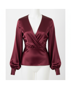 Blouse satinée Lumière col V - Bordeaux - S