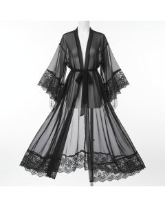 Déshabillé long en mousseline Cascading - Noir - XL