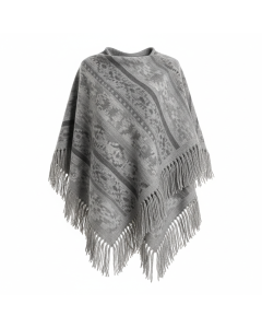 Poncho à franges motif aztèque Bohème - Gris chiné - L